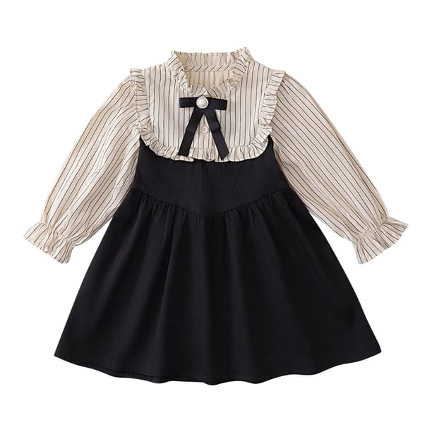 Odeerbi 2-8 Años Vestido de Algodón de Manga Larga Con Volantes Vestido de Princesa Con Lazo A Rayas Vestido de Uniforme Para Niños Con Cuello Redondo