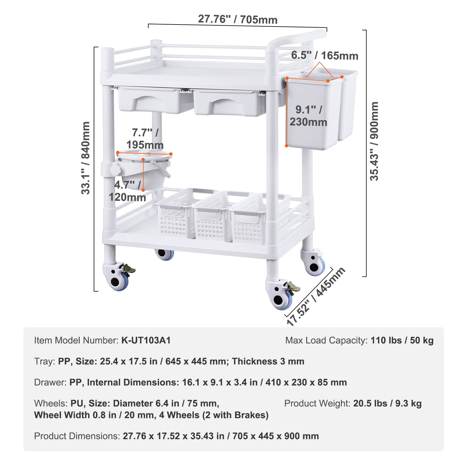 SKYSHALO Mobile Utility Cart, 2-Shelf Design with Dual Drawers & Quiet Casters, Durable PP Construction, Includes 3 Waste Bins, Ideal for Laboratories, Clinics, Hospitals & Salons, White