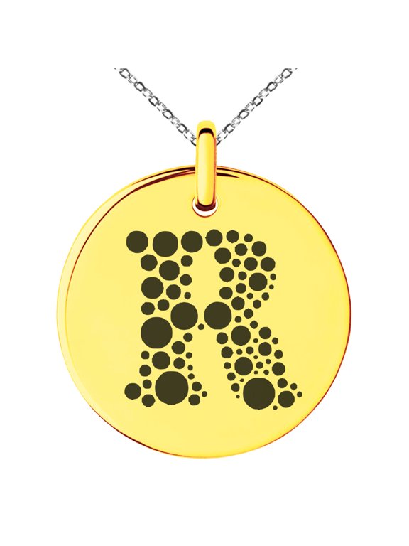 Stainless Steel Letter R Initial Dotted Monogram Engraved Small Medallion Circle Charm Pendant Necklace