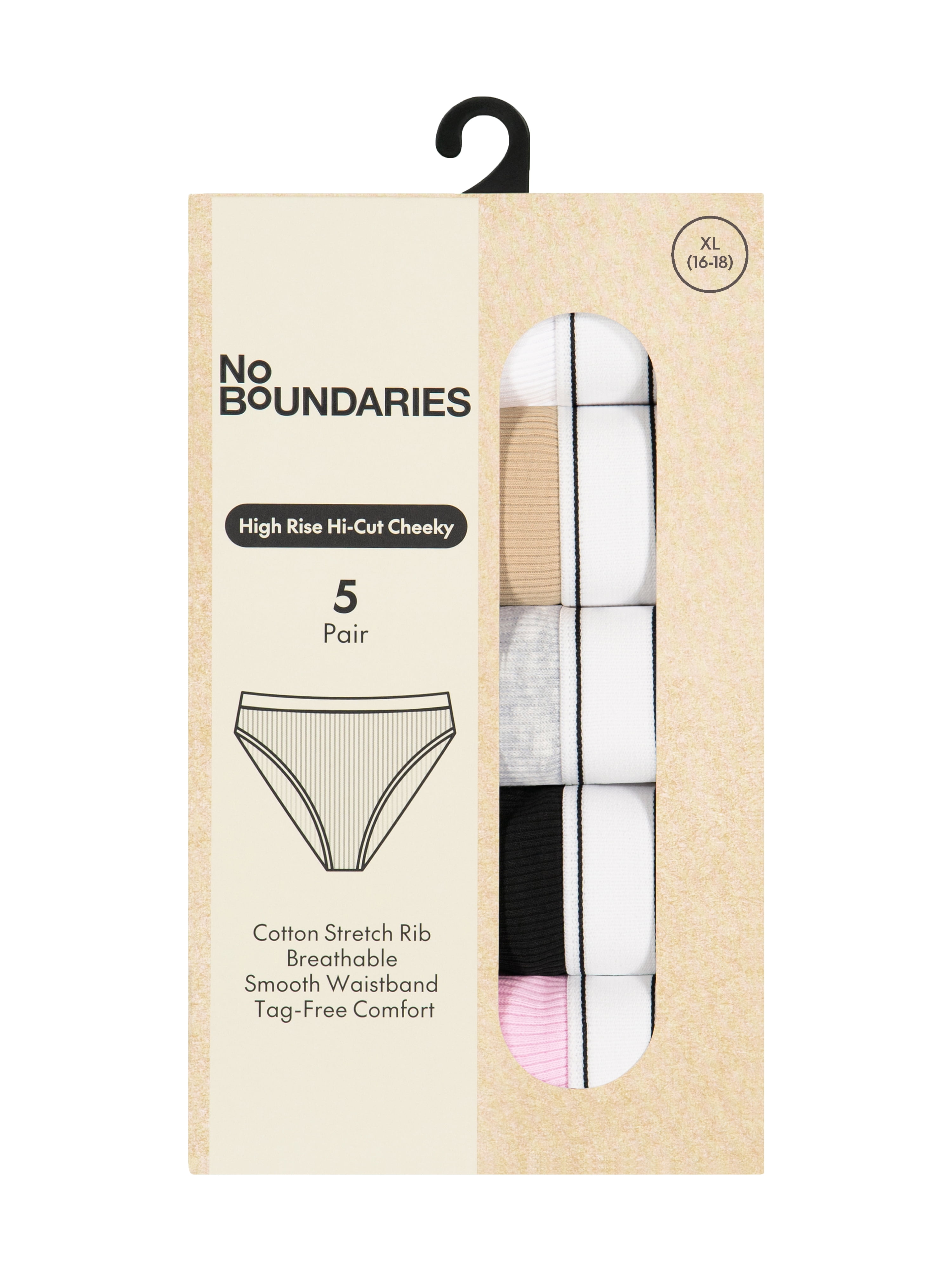 No Boundaries Stretch Ribbed Hi-Cut Cheeky Panties, 5-Pack, Women's
