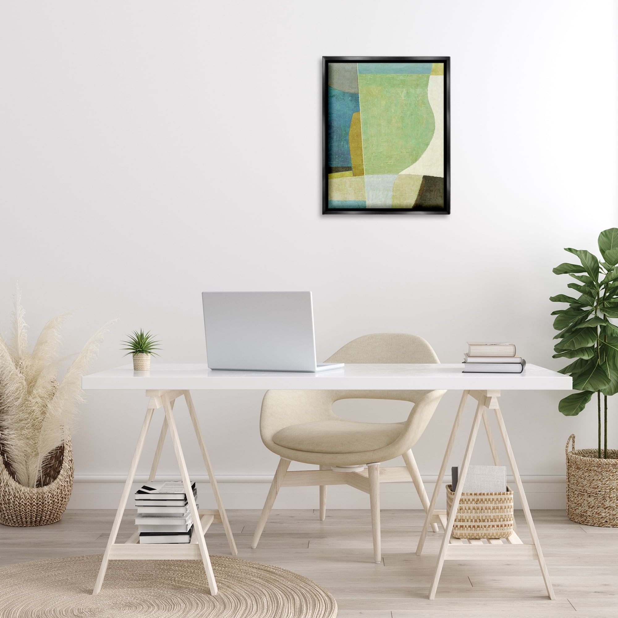 Stupell Industries Green Geometric Collage Abstract Painting Black Floater Framed Canvas Art Print Wall Art, 17 x 21