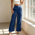 thumbnail image 4 of LEAVINGSUO Cargo Pants Women Satin Work Pants With Elastic Waistband And Button Flap Pockets Casual Trousers Blue S, 4 of 8