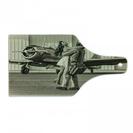 

Vintage Airplane Cutting Board Brunette Young Woman Hugging a Pilot Historical Aircraft Homecoming Image Print Tempered Glass Cutting and Serving Board Wine Bottle Shape Sepia by Ambesonne