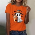 thumbnail image 5 of Women's Halloween Graphic Tees Funny Ghost Witch Hat T-Shirts Short Sleeve Crewneck Pumpkin Coffee Print Fall Casual Holiday Party Tops Cute Novelty Shirts, 5 of 6