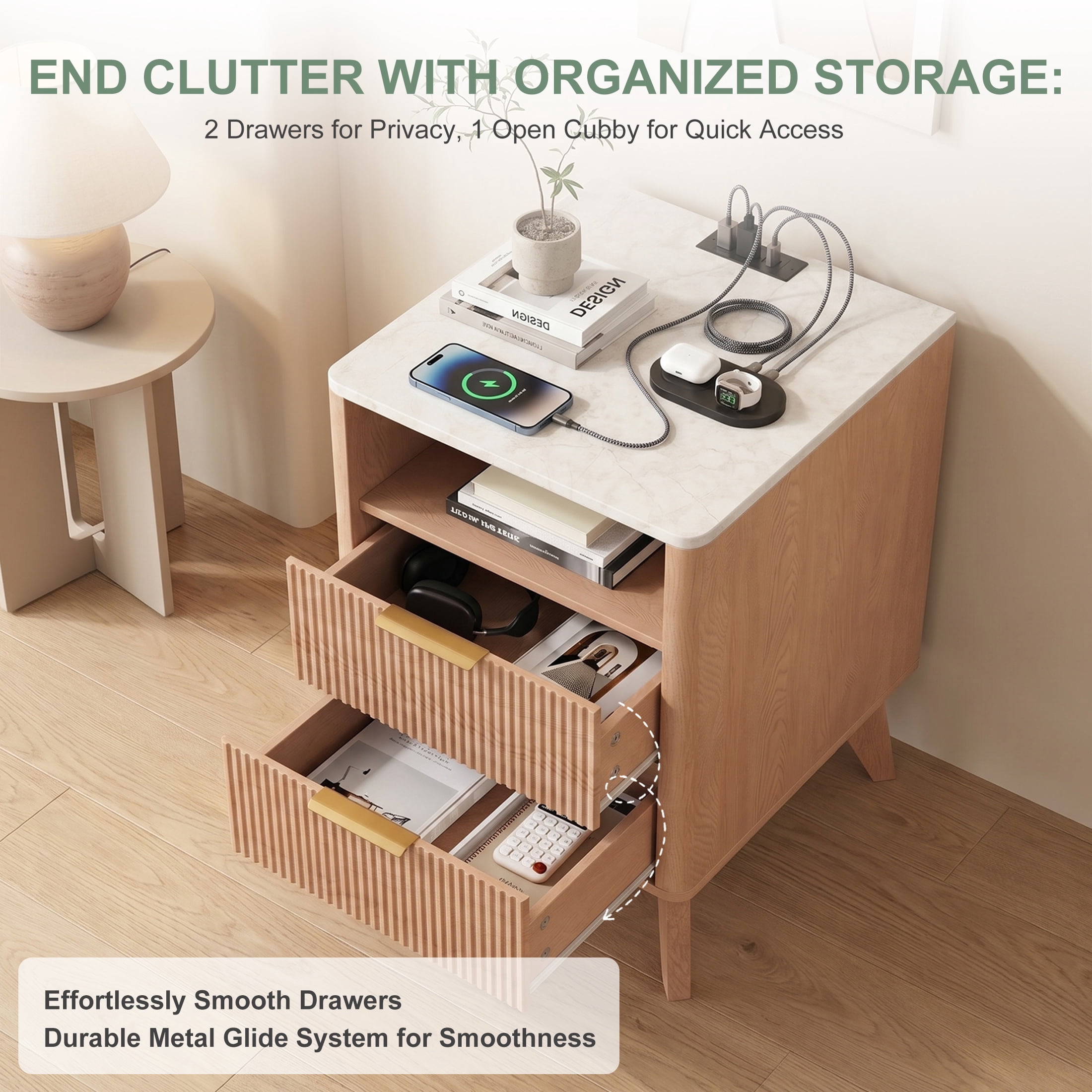 edx Nightstand with Charging Station, Modern Bedside Table, 2 Drawers & Open Shelf, for Bedroom, Office and Small Spaces, Accent Night Stand with Easy Assembly, Natural Wood