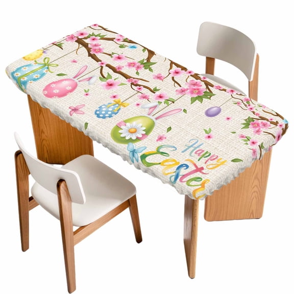Easter Eggs Table Cloths for 4 Foot Rectangle Tables, Spring Watercolor Bunny Flower on Linen Patio Waterproof Elastic Fitted Tablecloths, Washable Rectangular Table Cover for Camping
