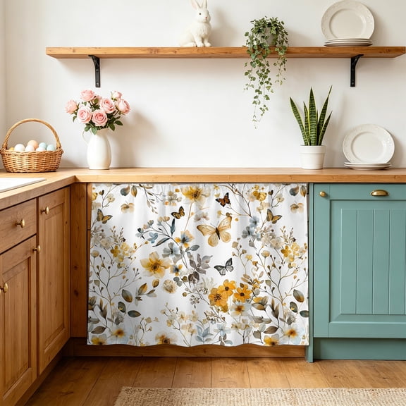 Vintage Botanical Sink Skirt 11"Wx13"L,Dustproof Under Sink Curtain with Self Adhesive Tape,Yellow Spring Floral Butterfly Cabinet Curtain Cover for Bathroom Vanity,RV,Kitchen Cabinet Storage Shelf