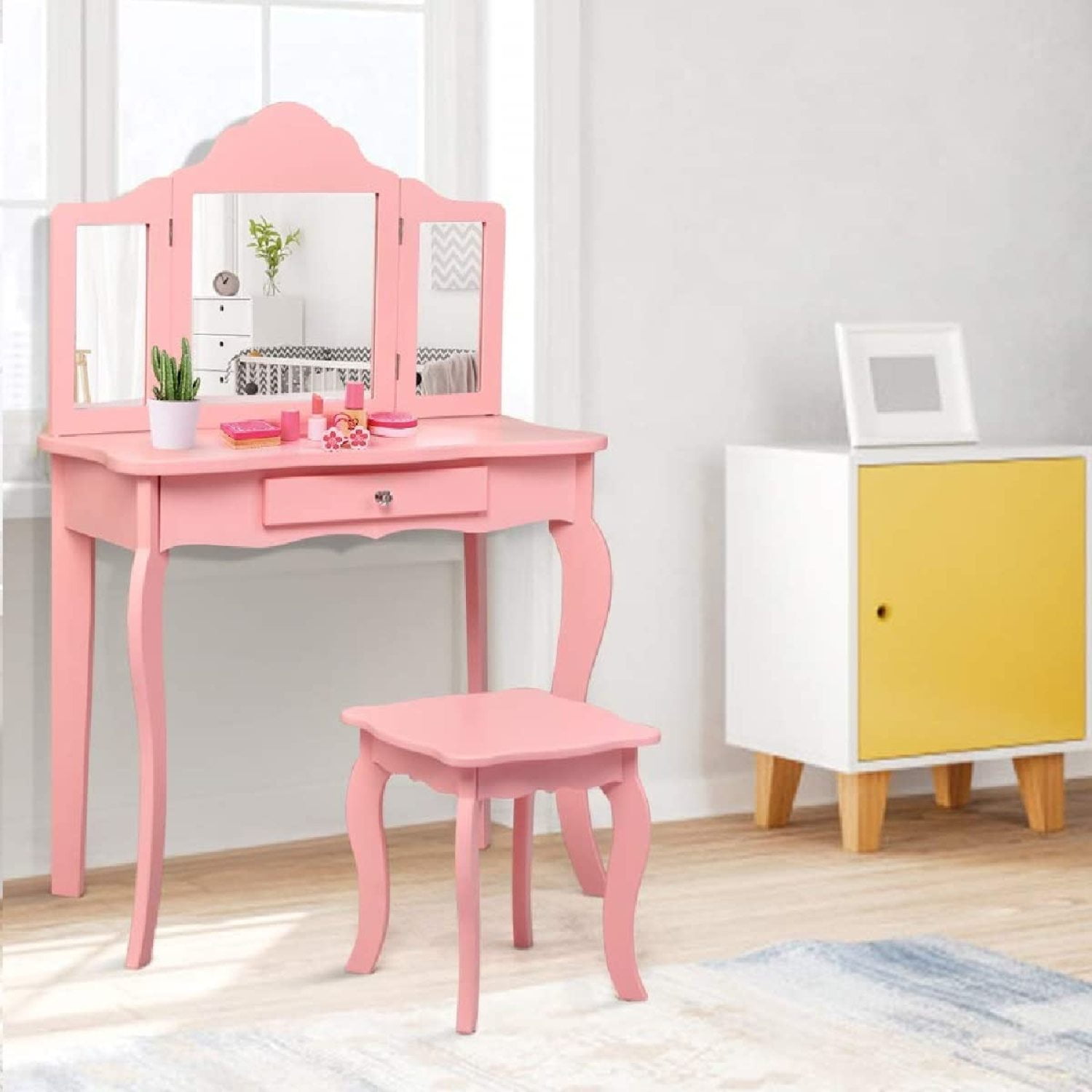 WBTAYB Kids Wooden WBTAYB Vanity Table & Chair Set, 2-in-1 Toddler ...