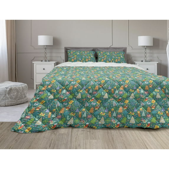 Christmas Comforter & Sham Bedding Set, Colorful Doodle Elements Cheerful Layout Kittens Trees and Ornaments, 3 pcs Duvet Set Microfiber Filling Quilt, 5 Sizes, Teal and Multicolor, by Ambesonne