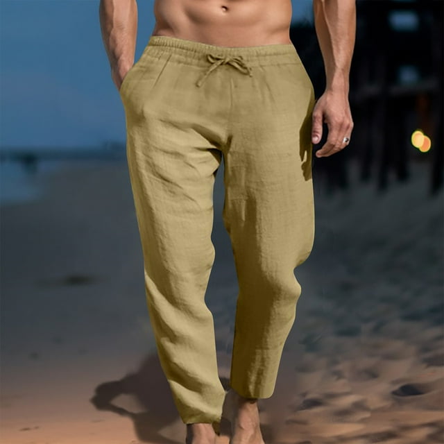 FcBaudy Full Length Pants Men's Casual Linen Drawstring Pocket Elastic Belt Straight Solid Pants Men Pants