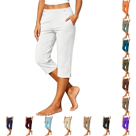 DHFJKG Capri Pants For Women Stretch Yoga Relaxed Fit Side Slit Cropped Pants With Pockets Casual Summer Comfy Trousers