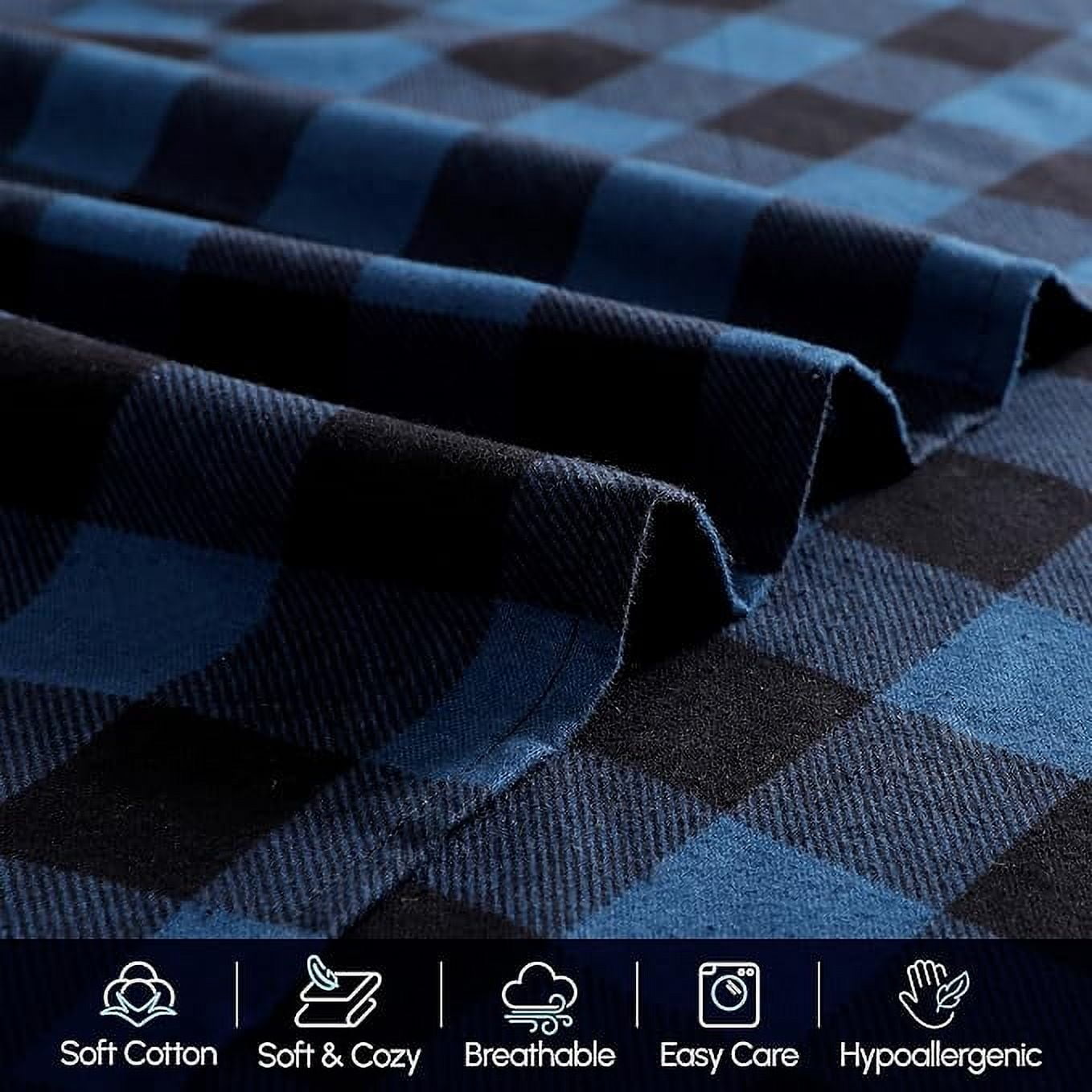 4-Piece Cotton Flannel Sheet Set, Deep Pocket Fitted, King, Buffalo Check Blue