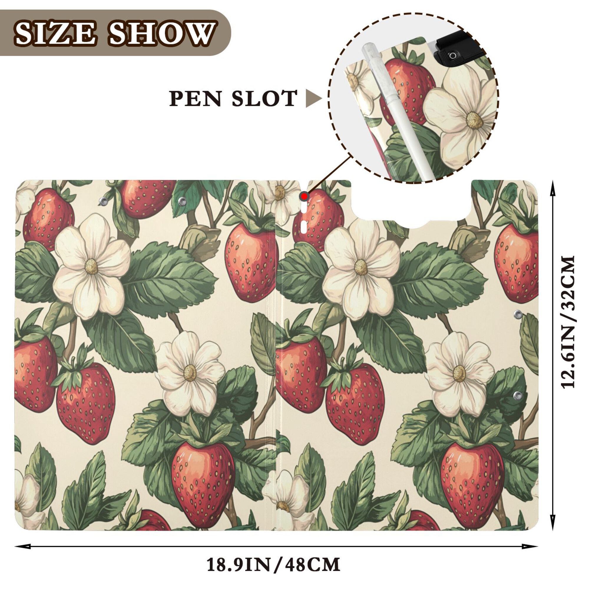FORMRS A4 Clipboard Folder with Pen Holder Horizontal Foldable School Office Binder, Beige Strawberry