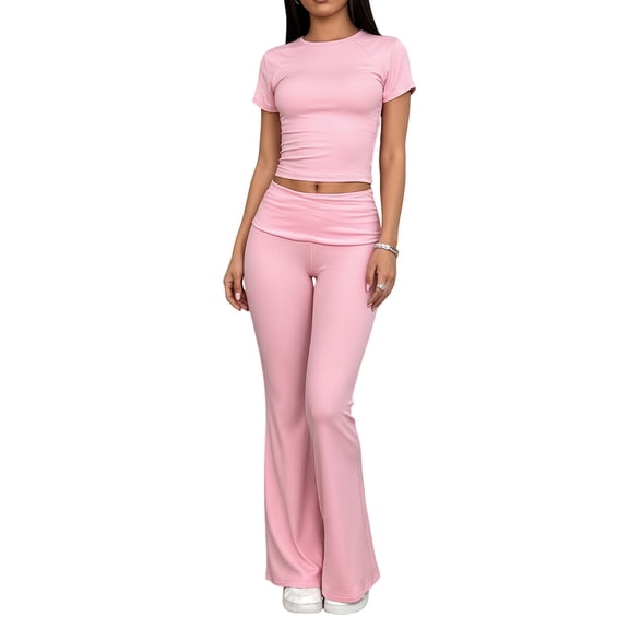 Women'S 2 Piece Lounge Outfits Slim Short Sleeve Tops Mid Rise Flare Leggings Sets Yoga Sweatsuit Pink S