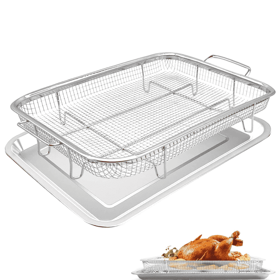 GCQ Steel Mesh Grill Rack for Convection Oven, 15.5 x 11.6 Inch Non-Stick, 2-Piece Air Fryer Basket & Baking Tray Set, Dishwasher Safe, Oven Replacement Accessories