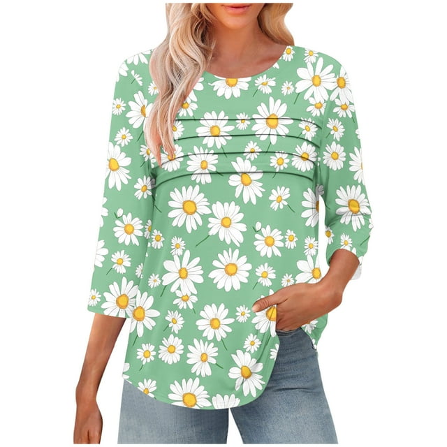 hopeusnice Chemises de Mode d'Été Blouses à Col Rond pour Femmes Chic Décontracté T-Shirts à Motif Floral Hauts de Printemps Manches 3/4 Coupe Ample Léger T-Shirts Basiques Vert TG