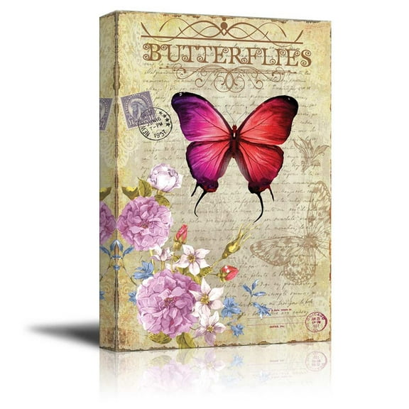 wall26 - Collage of a Red Butterfly with a Bouquet of Flowers Over a Vintage Letter - Canvas Art Home Art - 16x24 inches