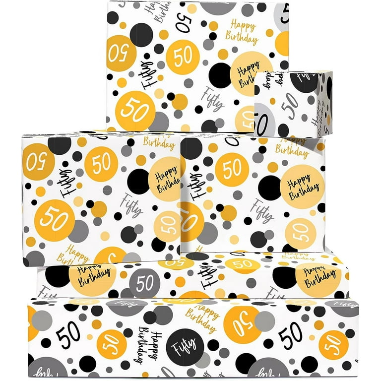 Central 23 Birthday Wrapping Paper for Men and Women - 50th Birthday - 6 Sheets of Gift Wrap - Dot - Age 50 Fifty - for Mom or Dad - Comes with Fun