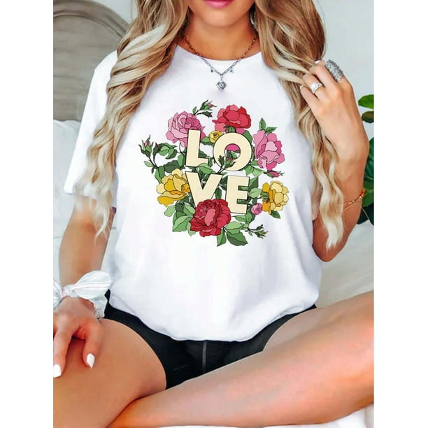 Camiseta de mujer con estampado de amor y flores para San Valentín. Regalo de San Valentín: camisetas casuales, modernas, cómodas, suaves y de ocio.
