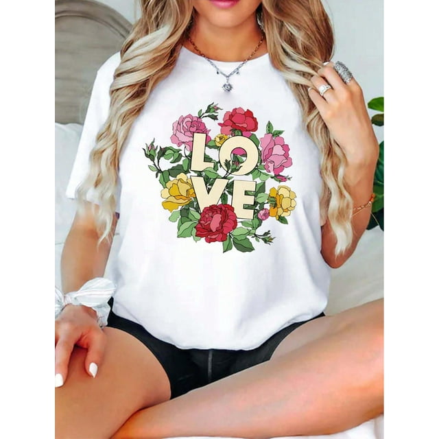 Valentine's Day Theme Love & Flower Print Women's T-Shirt, Valentine's Day Gift Casual, Fashionable, Comfortable, Soft