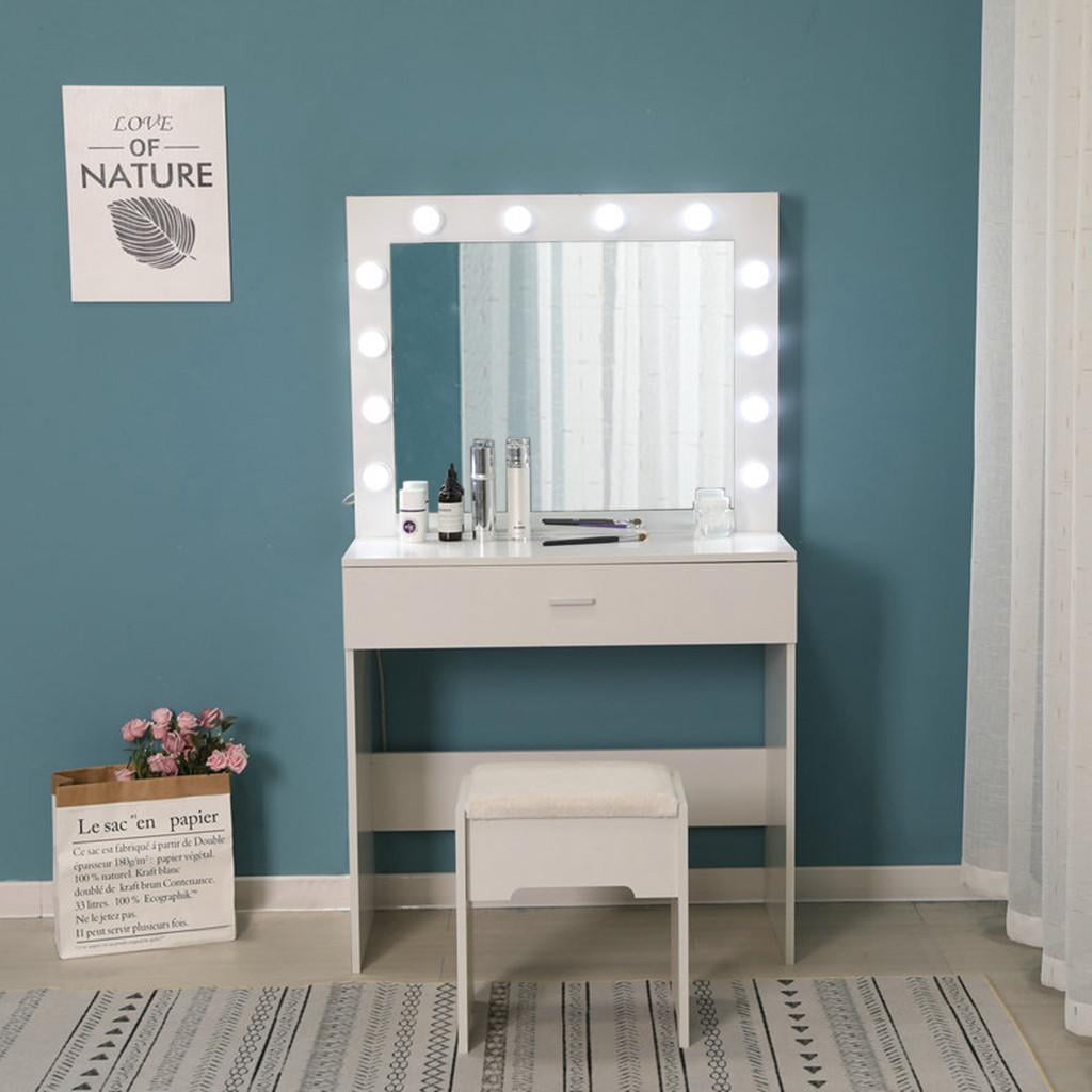 Details about   1-Drawer Makeup Vanity Dressing Table Set w/ 12-Light Mirror Stool & Drawer NEW 