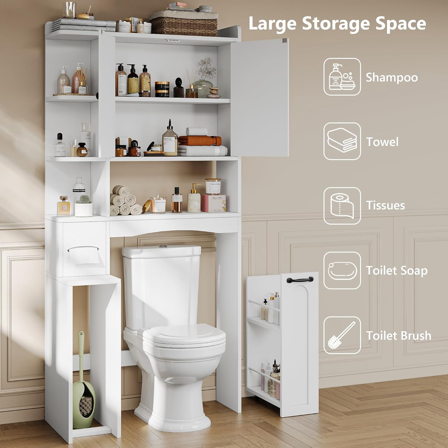 Laisnet Over the Toilet Storage Cabinet with Pulley, Toilet Paper Holder & Open Shelves, 7-Tier Wooden Bathroom Organizer