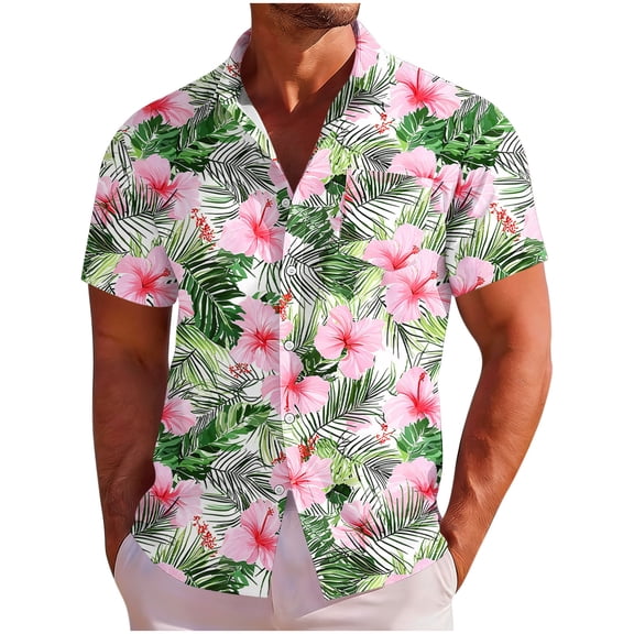 Men's Hawaiian Wrinkle Short Sleeve Button Down Tropical Floral Beach Vacation Shirt Green 4XL