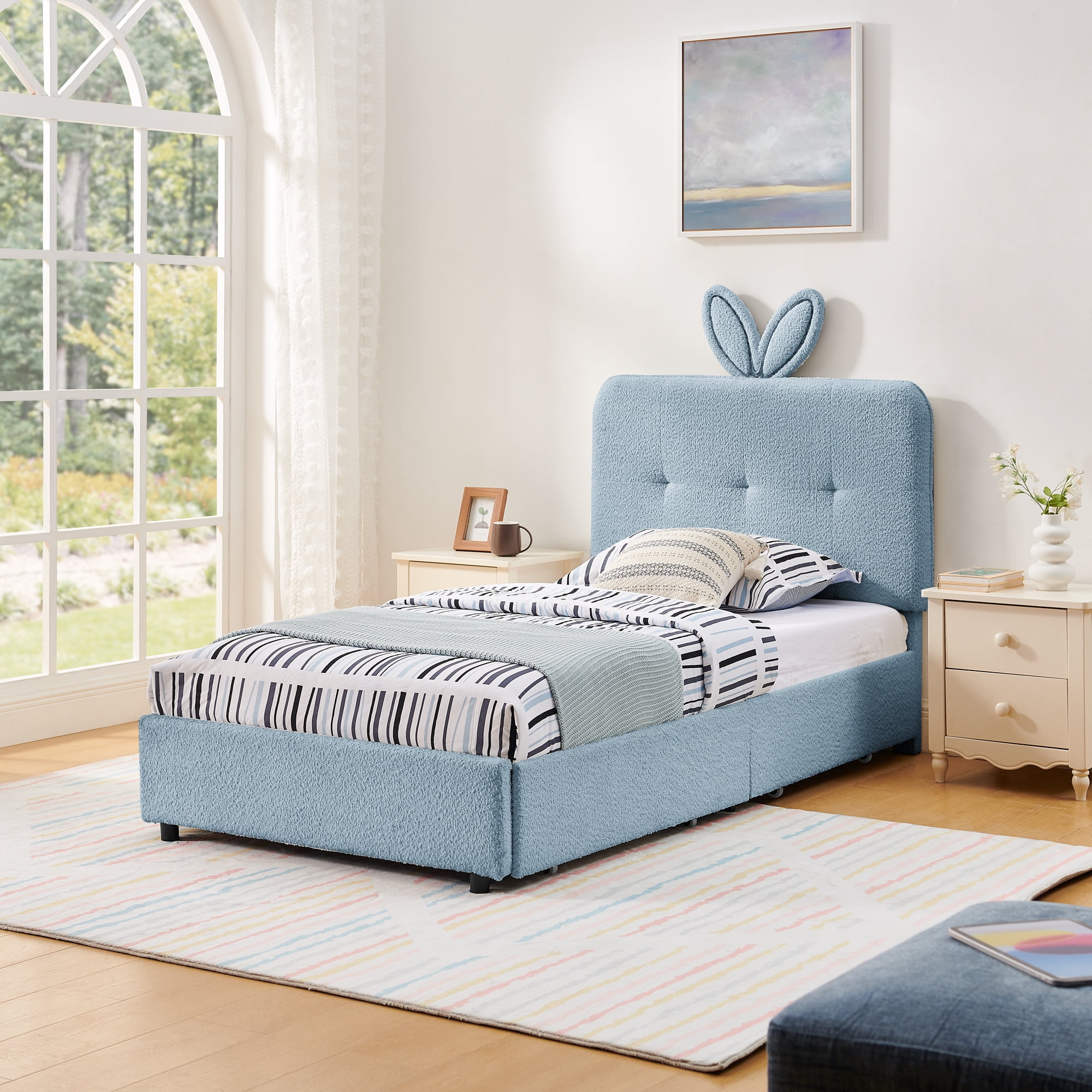 Mintazer Twin Upholstered Kids Bed with Oversized Rabbit Ear Headboard, Boucle Fabric Platform Bed with LED Headboard & 4 Storage Drawers, Blue