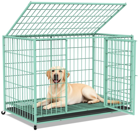 YOKWOK 48 Inch Heavy Duty Wire Dog Crate for Large Dogs, Indestructible Metal High Anxiety Escape Proof Cage with Wheels & Removable Tray, Double-Door Design, XL Dog Kennel for Indoor, Green