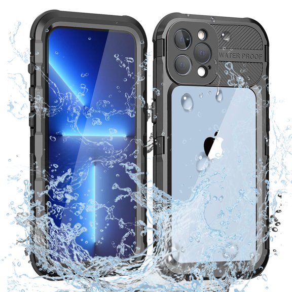 For iPhone 13 Pro Max Waterproof Case Heavy Duty Aluminum Shockproof Metal Full Body Cover Built-In Screen Protector （Black）