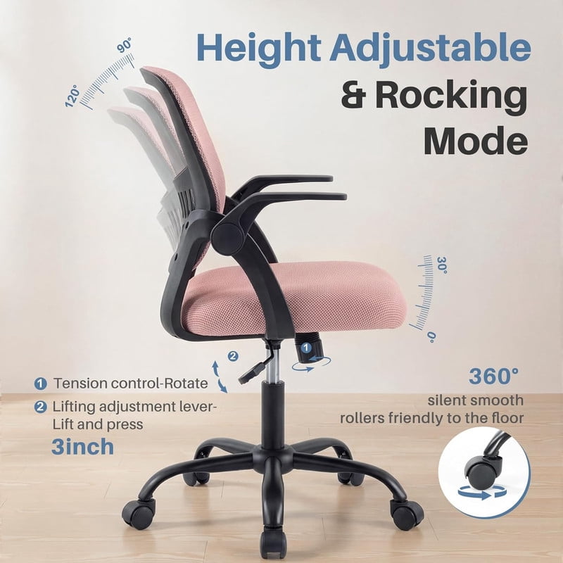 Simenmax Ergonomic Office Chair, Home Desk Computer Mesh Chair with Flip-Up Arms, Breathable Mid Back Chair for Small Spaces, Pink