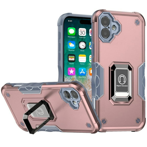 For iPhone 16 Plus 6.7 inch OPTIMUM Magnetic Ring Stand Hybrid Case Cover - Rose Gold