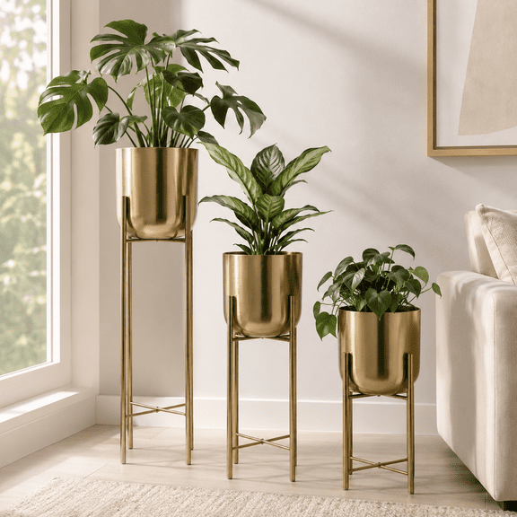 Cylinder Flower Pots on Stands for Home Decor - Metal Planters for Indoor and Outdoor Plants - Modern Plant Pots for Living Room, Entryway, or Garden - Set of 3, 39", 29", 20", Gold & Metallic