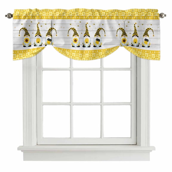Tie Up Curtain Valances Spring Farmhouse Cute Gnome with Bee,Rod Pocket Shade Valance Adjustable Curtains Farm Floral Lattice Window Treatment for Kitchen Bathroom Living Room Windows,60x18in