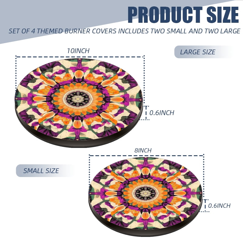 Round Electric Stove Burner Covers for Electric Stove, Bohemia Flowers Pattern Decorative Metal Gas Stove Burner Covers Set of 4 for Kitchen, 8 Inches and 10 Inches