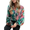 thumbnail image 1 of HOTAPEI Womens Shirts Casual Boho Abstract Print Lantern Long Sleeve Shirts Satin V Neck Blouses Tops, 1 of 5
