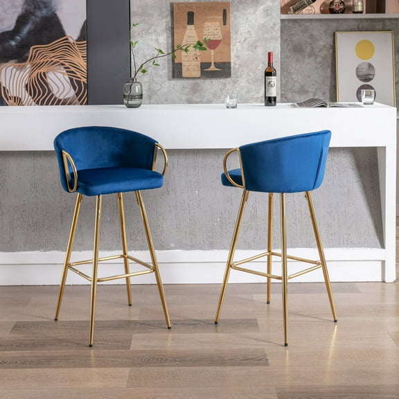 Newboti Furniture 30 Inch Set of 2 Bar Stools,with Chrome Footrest and Base Velvet & Golden Leg Simple Bar Stool,BLUE 87353
