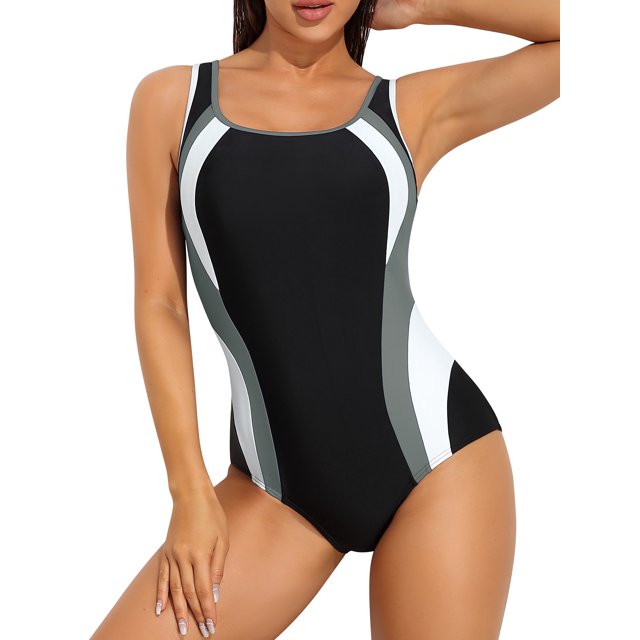 Women's Athletic One Piece Swimsuit Color Block Bathing Suit Racerback Training Swimwear