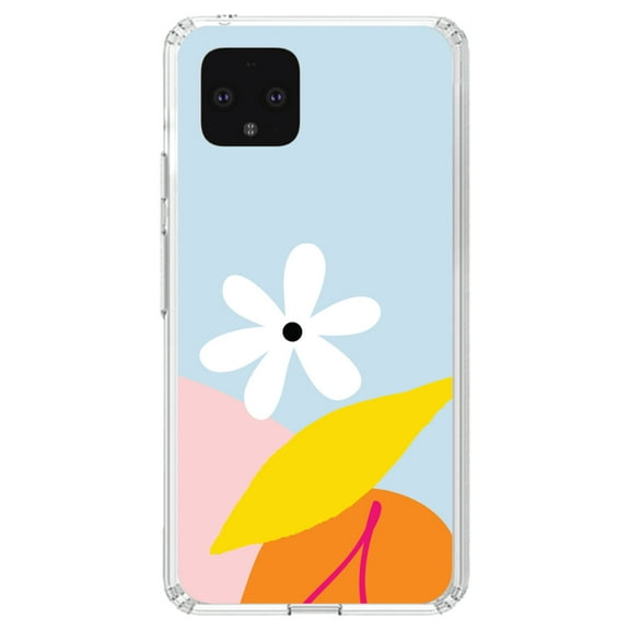 DistinctInk Clear Shockproof Hybrid Case for Google Pixel 4 (5.7" Screen) - TPU Bumper, Acrylic Back, Tempered Glass Screen Protector - Summer Vibes Bold Cherry Pink Orange Yellow