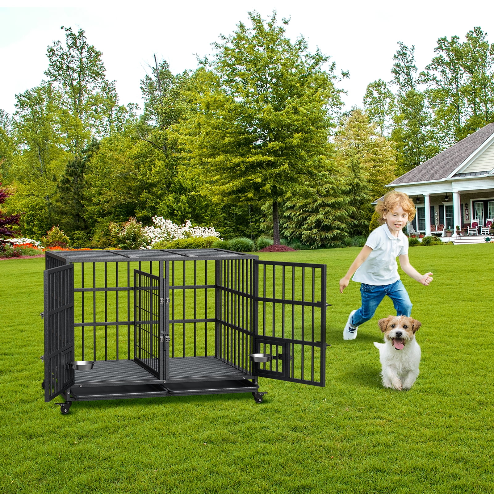 Heavy Duty Dog Crate with Wheels - 42" Steel Cage for Medium & Large Dogs