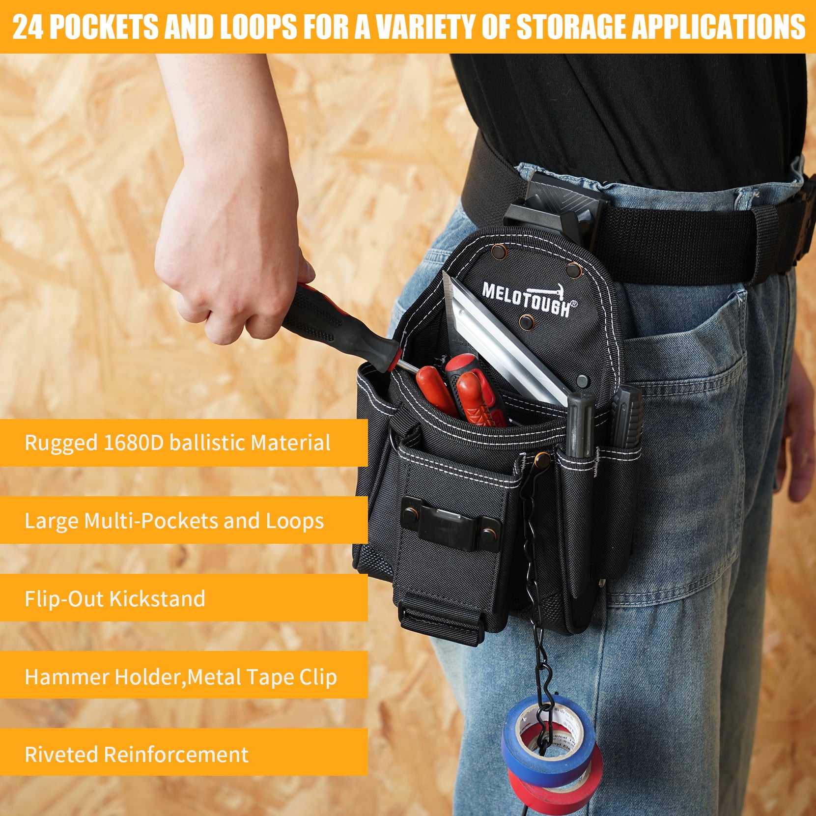 MELOTOUGH Small Electrician Tool Pouch With Belt Clip Attachment - 9 Pockets Tradesman Bag With Tape Thong - Holster for Electricians