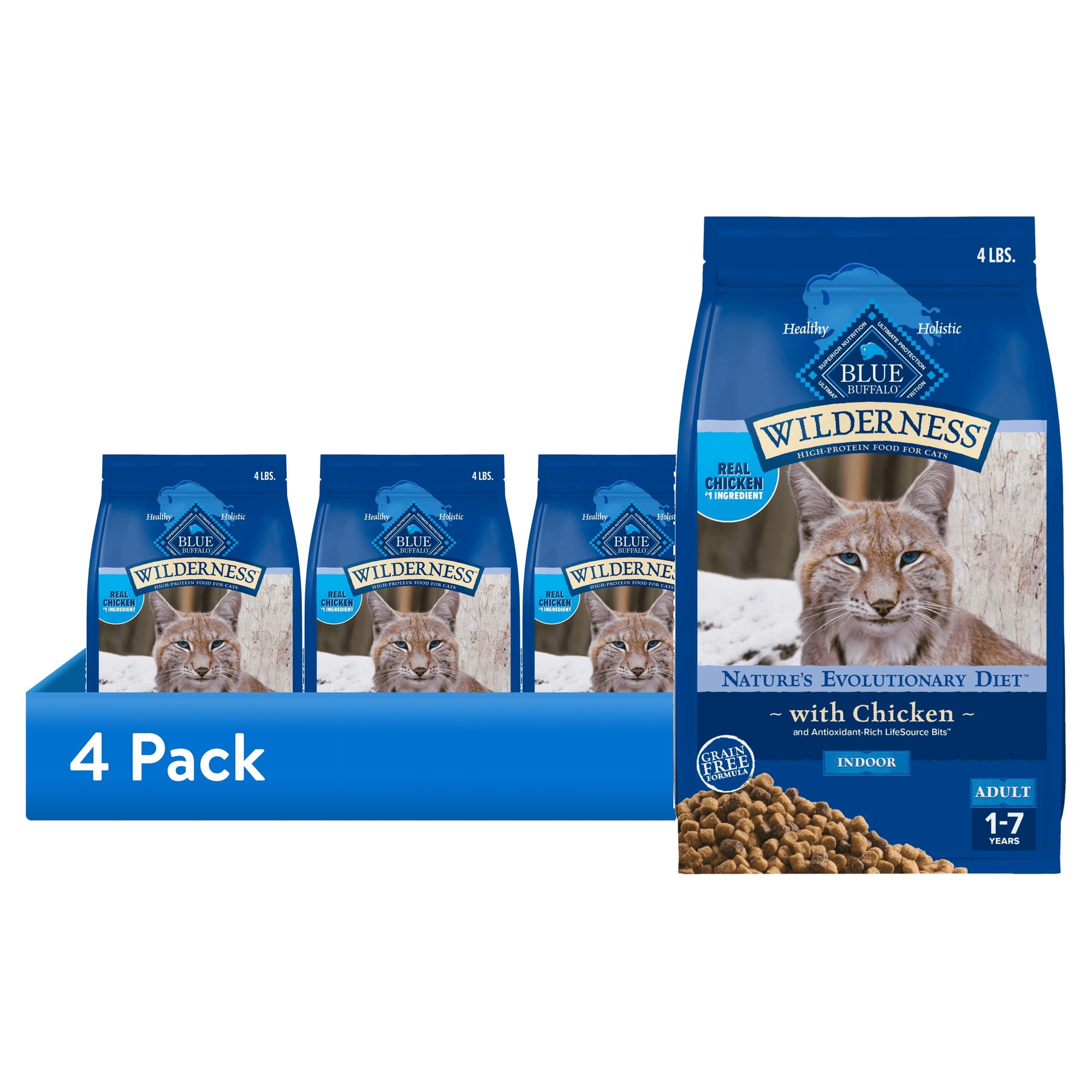 (4 pack) Blue Buffalo Wilderness Natural High-Protein, Grain-Free Dry Cat Food, Chicken, 4-lb. Bag