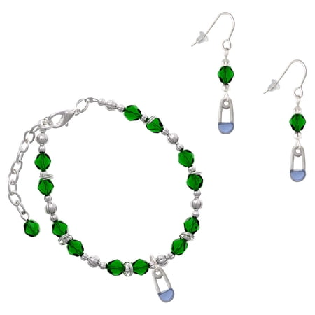 Delight Jewelry Green Beaded Bracelet and Earring Set featuring Silver Plated Blue Safety Pin Charms