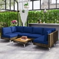thumbnail image 3 of 7 Piece Wicker Patio Furniture Set, Modular Outdoor Sectional with Thickened Cushions, Acacia Wood Table, Brown/Blue, 3 of 11