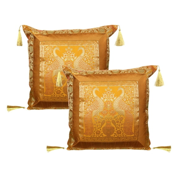 Stylo Culture Ethnic Brocade Decorative Throw Pillow Covers Mustard Yellow Gold 18 x 18 Jacquard Tassels Couch Cushion Covers 45x45 cm Polydupion Silk Zippered Peacock Pillowcases | Set Of 2