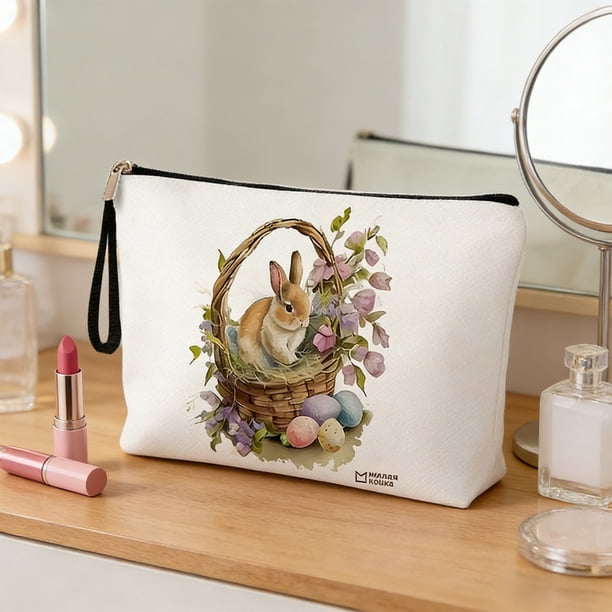 Easter Storage Bag Foldable Makeup Organizer Portable Travel Cosmetic Pouch with Zipper Closure Cute Bunny Egg Pattern Waterproof Toiletry Bag for Women Girls Accessories Home Decor Holiday Gift