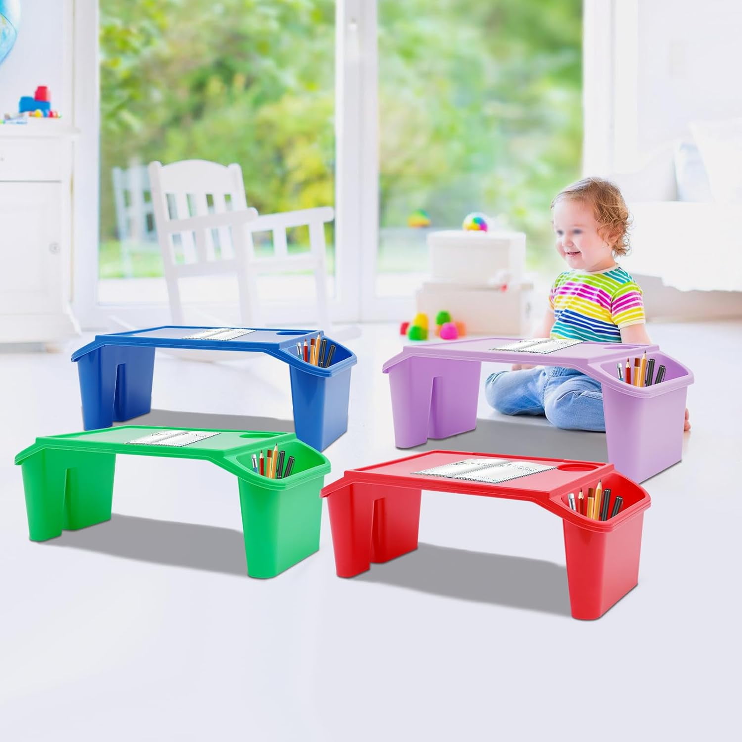Miumaeov 4 Pcs Kids Lap Desk Tray Plastic Breakfast Laptop Trays with Side Pockets for Writing Eating Snacks Boy Girl Multicolour