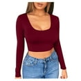 thumbnail image 2 of Womens Athletic Tops Women Solid Color Bottom Shirt Short Cut Low With Navel Tight Fitting Long Sleeved T Shirt Red L, 2 of 4