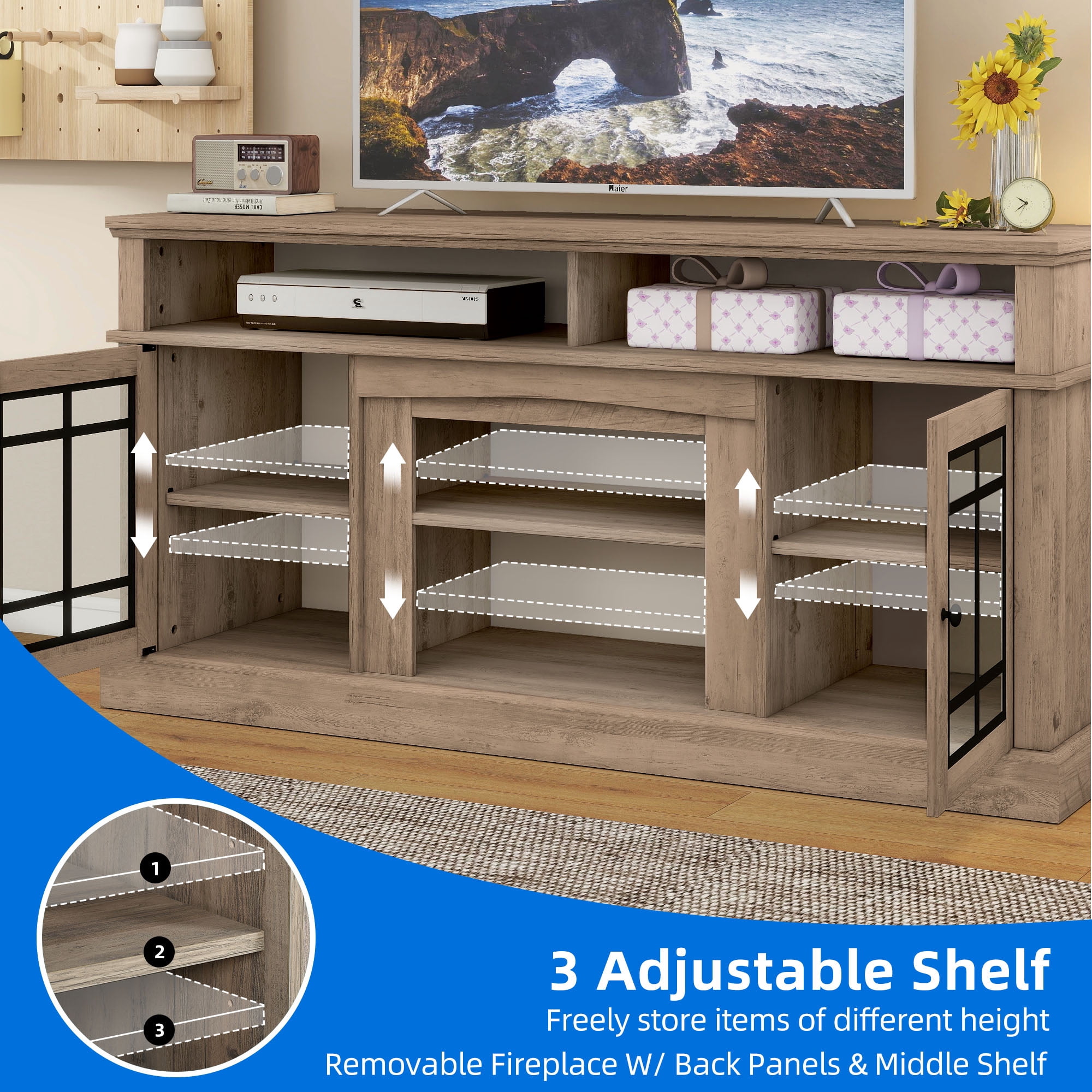Uforic Modern Entertainment Center with LED Light, TV Stand TV Media Console Table for 75 Inch TV, Pine Grey