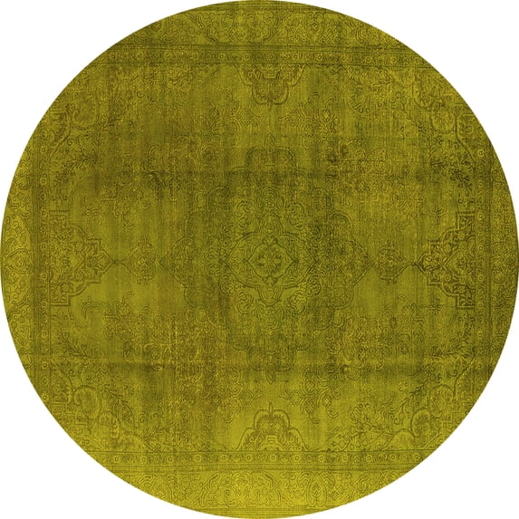 Ahgly Company Machine Washable Indoor Round Oriental Yellow Industrial Area Rugs, 8' Round